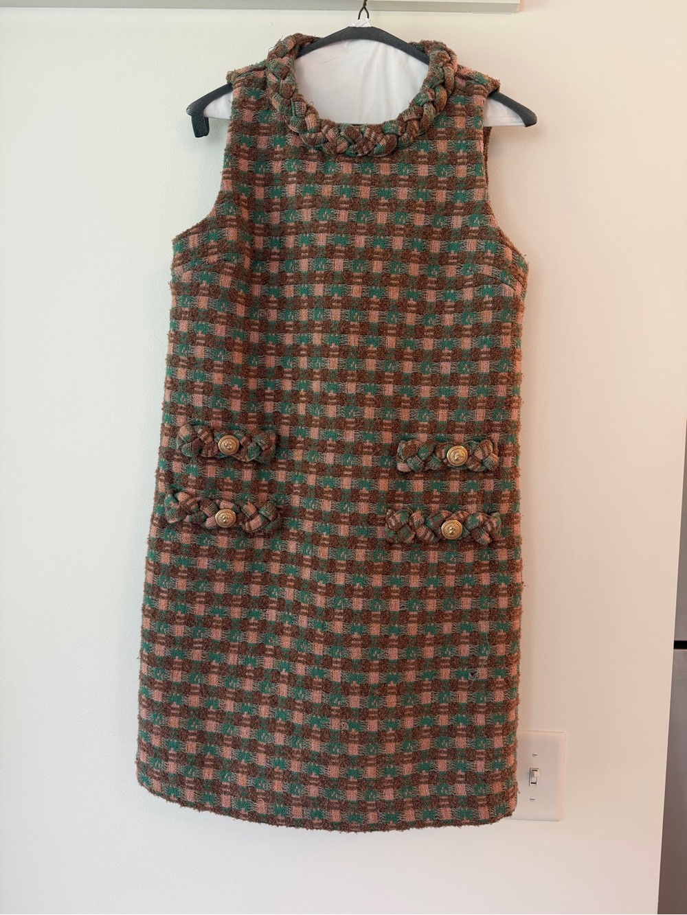 Tuckernuck Brown and Teal Tweed Braided-Neck Mini Dress